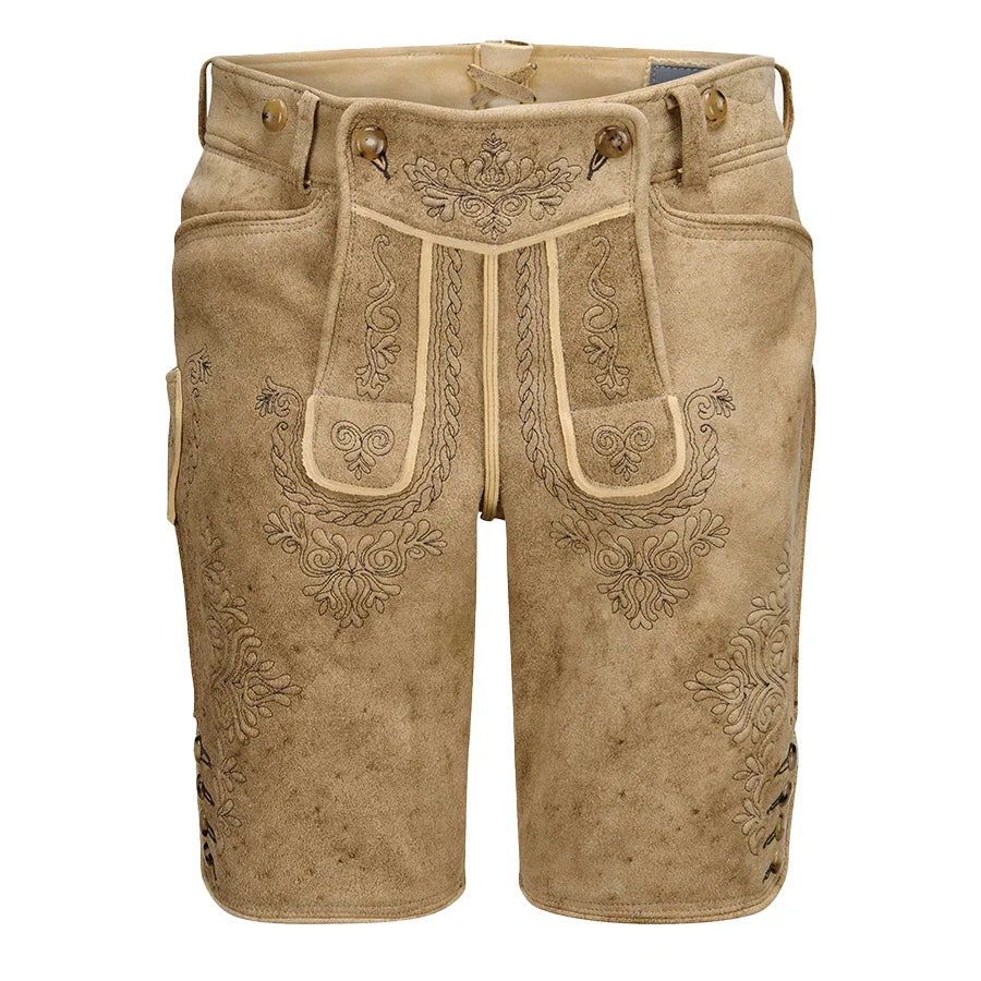 Beige leather shorts with intricate embroidery on a white background