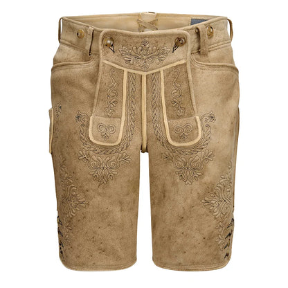 Beige leather shorts with intricate embroidery on a white background
