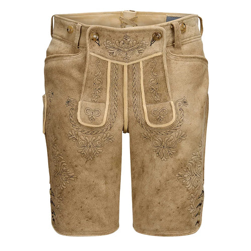 Beige leather shorts with intricate embroidery on a white background