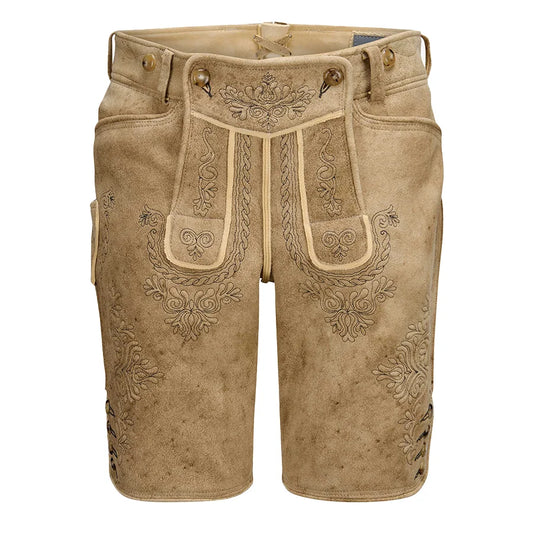 Beige leather shorts with intricate embroidery on a white background