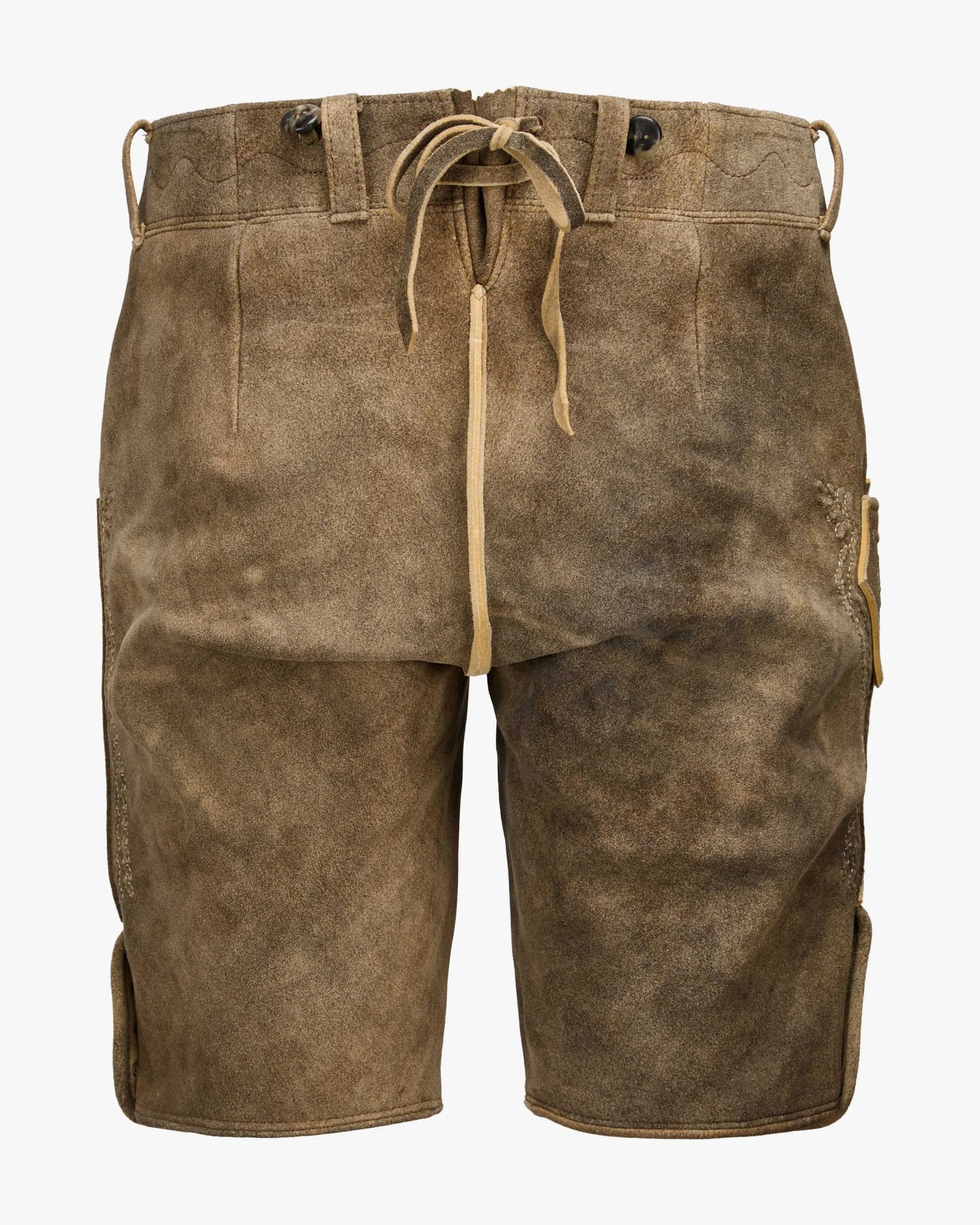 Brown leather shorts with a drawstring on a white background