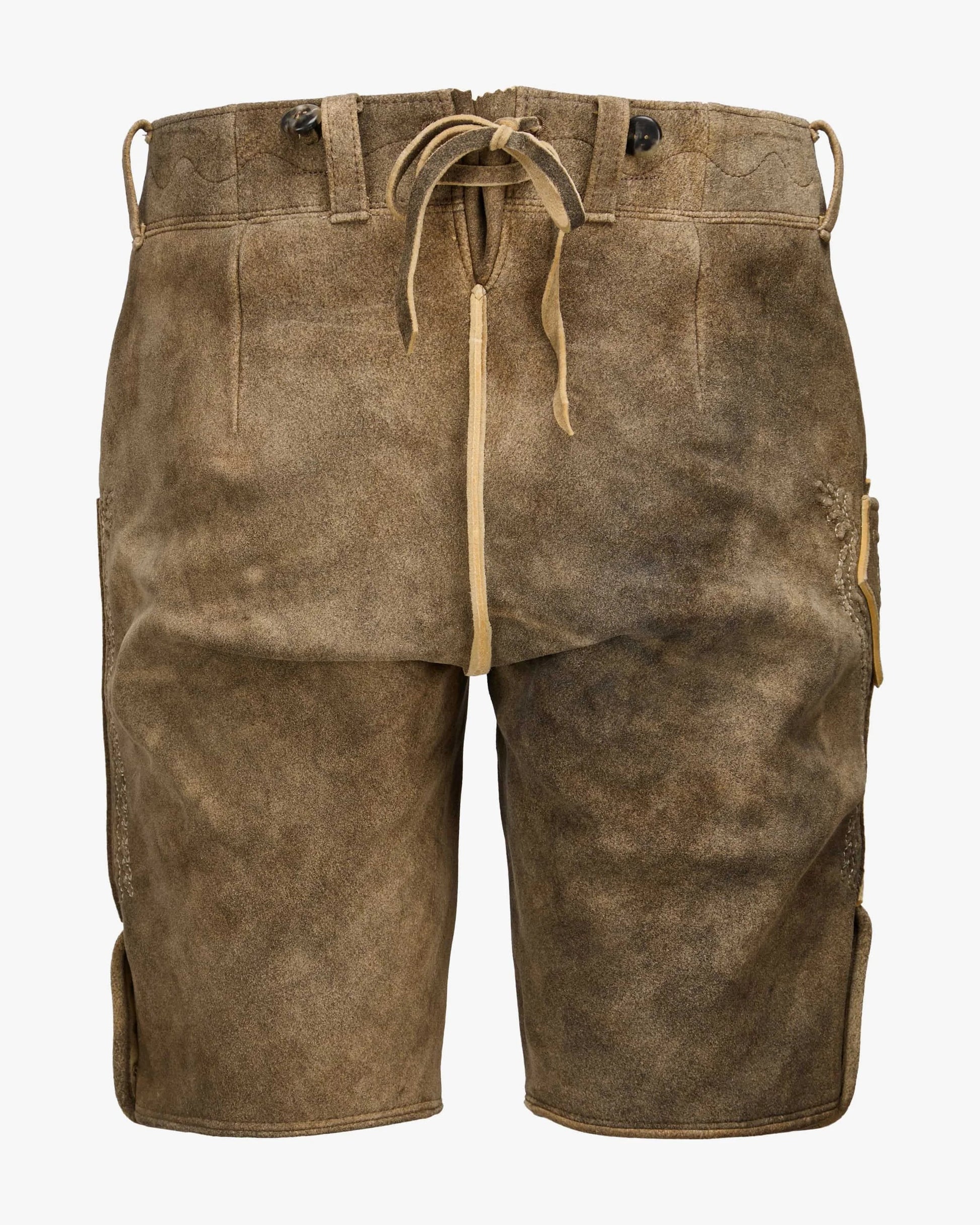 Brown leather shorts with a drawstring on a white background