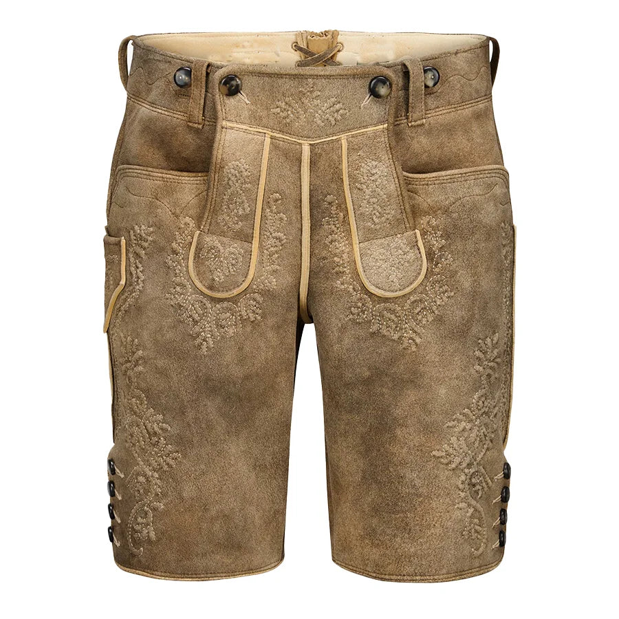 Brown leather shorts with embroidery on a white background