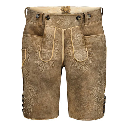 Brown leather shorts with embroidery on a white background