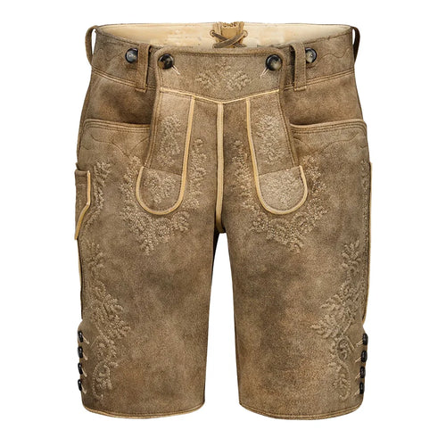 Brown leather shorts with embroidery on a white background