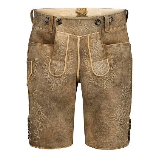 Brown leather shorts with embroidery on a white background
