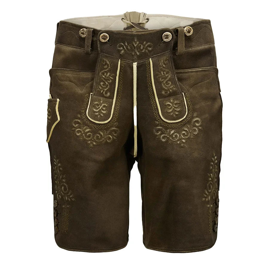 Brown leather shorts with decorative stitching on a white background
