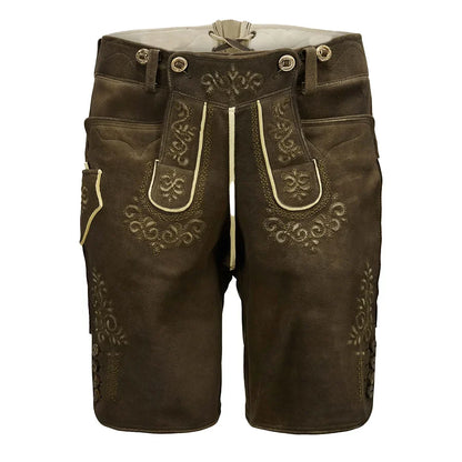 Brown leather shorts with decorative stitching on a white background