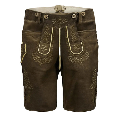 Brown leather shorts with decorative stitching on a white background