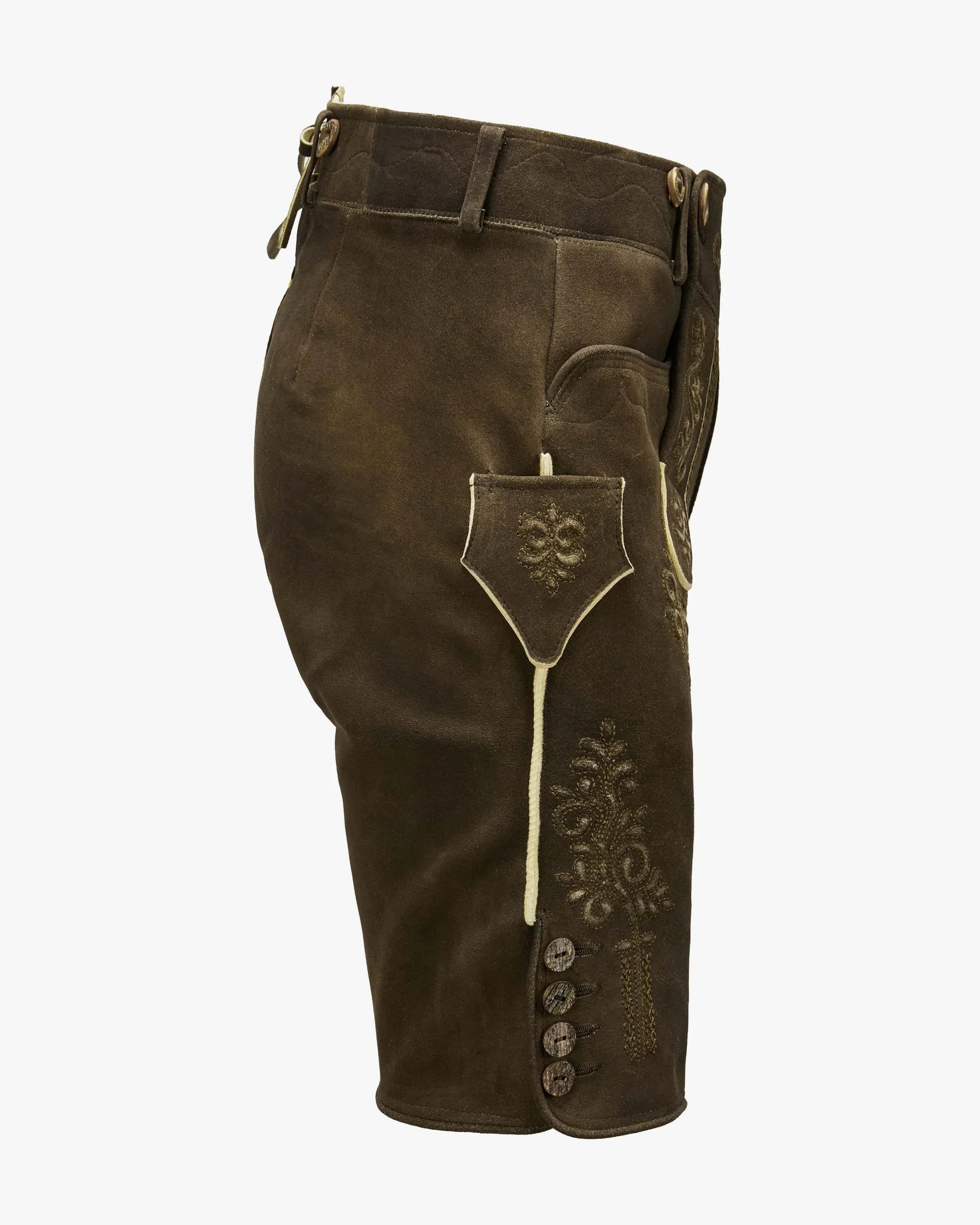 Brown leather pants with decorative elements on a white background