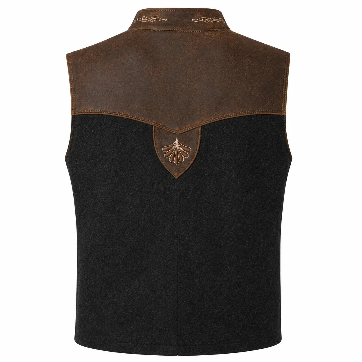 A sleeveless western-style vest with a black wool-like body, a brown leather yoke, and a matching brown shield-shaped patch with an engraved leaf design at the center back.