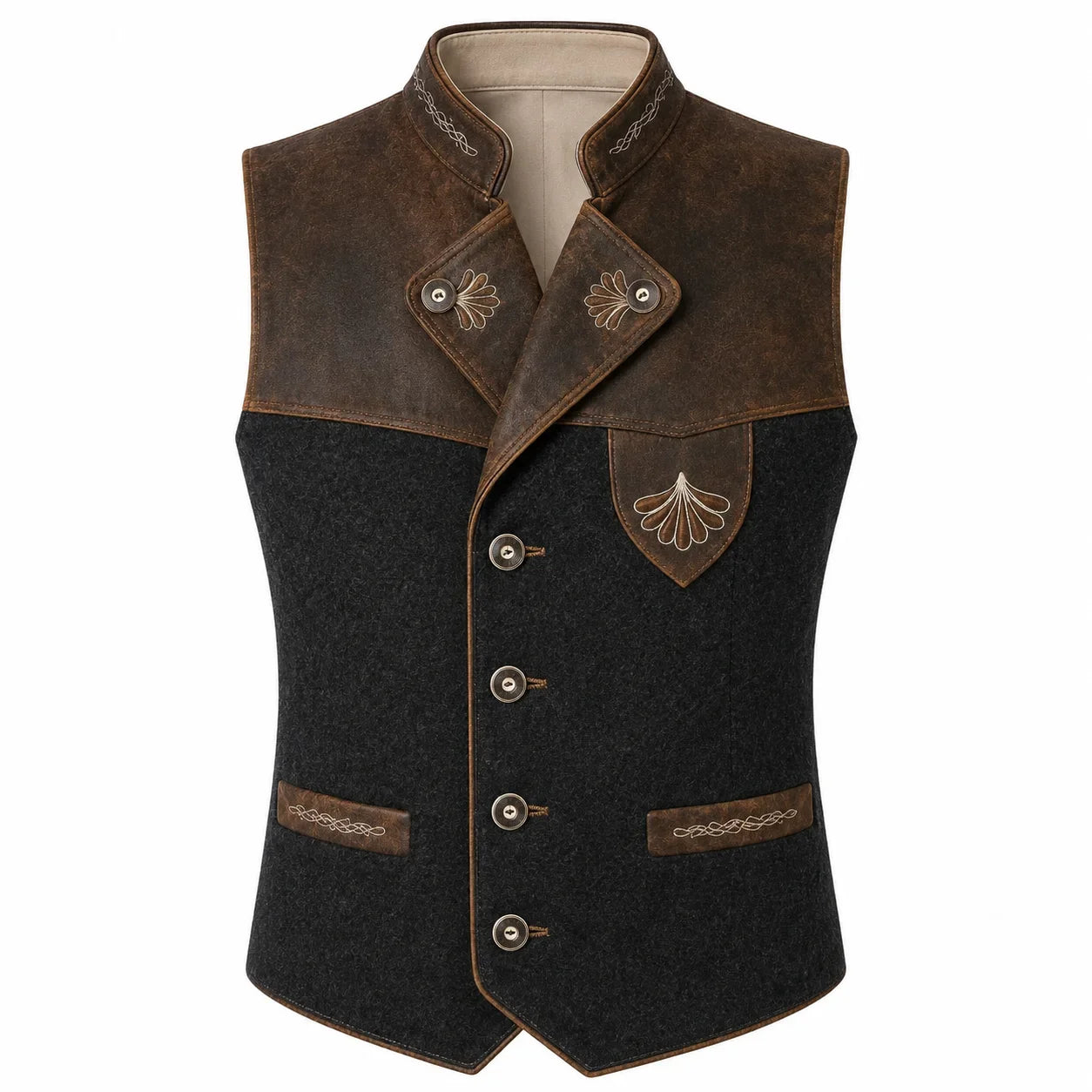 A men's traditional German dirndl vest featuring a dark charcoal gray wool body, dark brown leather shoulder panels and pocket trims, and embroidered details on the chest and collar.