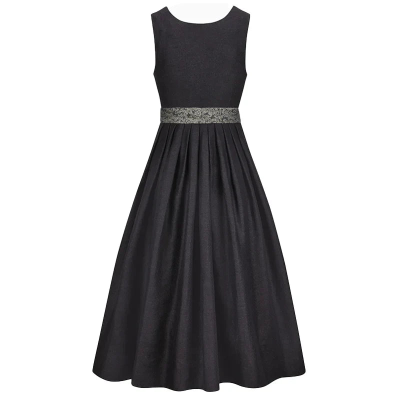Black dress with a silver belt on a white background