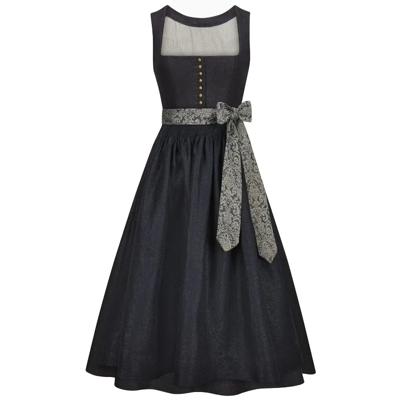 Black dress with a patterned belt on a white background