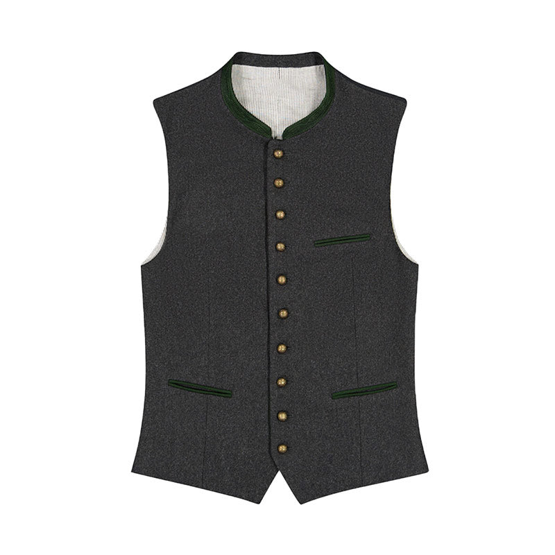 Gray vest with green trim and gold buttons on a white background
