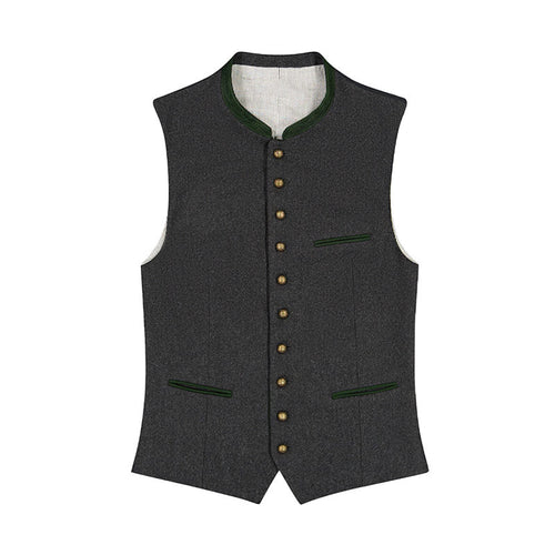 Gray vest with green trim and gold buttons on a white background