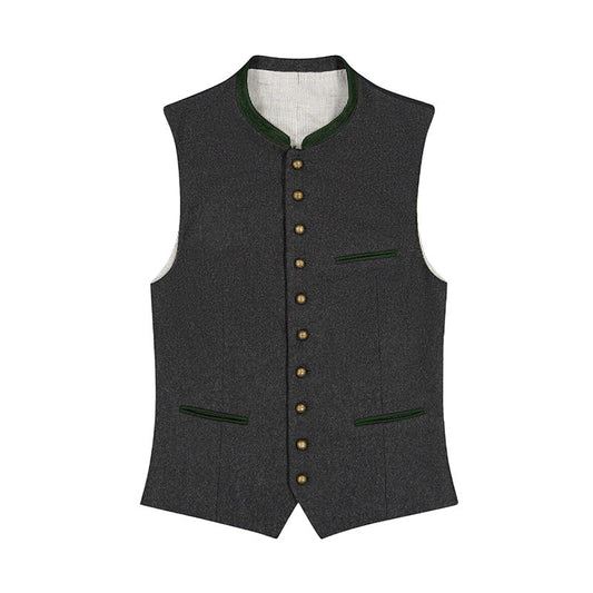 Gray vest with green trim and gold buttons on a white background