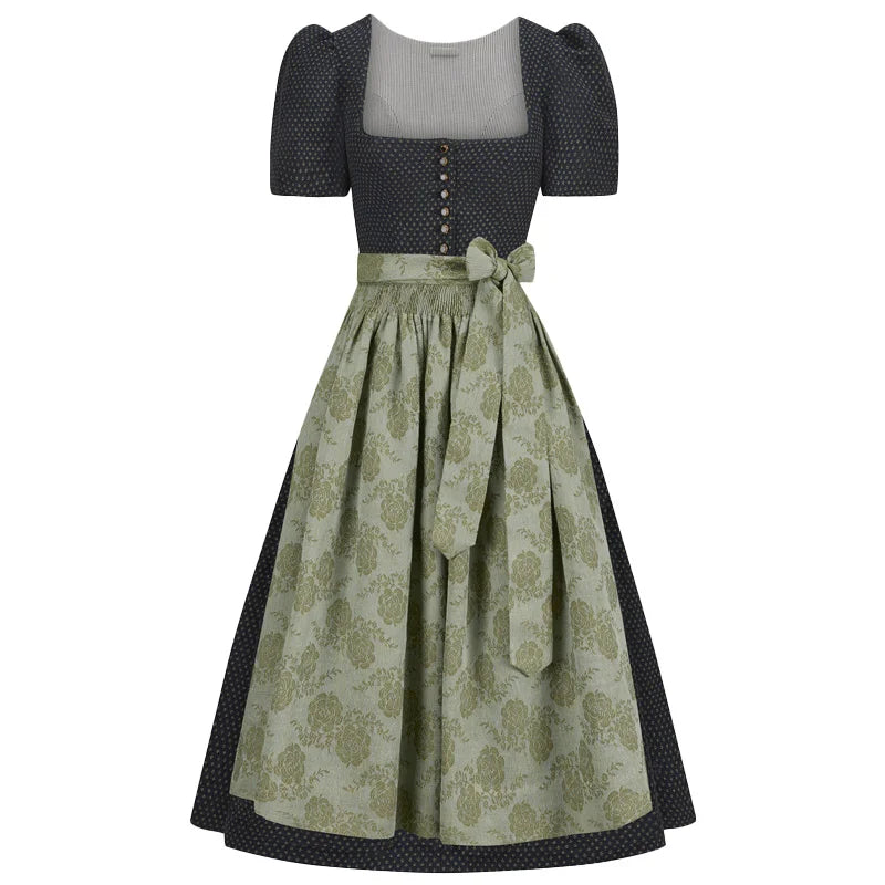 Two-piece dress with a patterned dirndl skirt and polka dot top on a white background