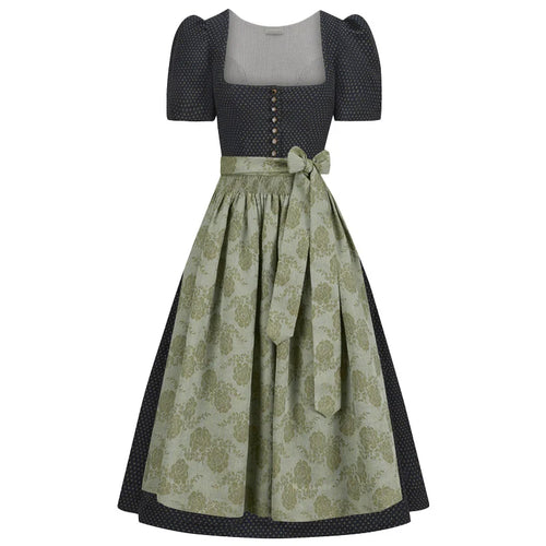 Two-piece dress with a patterned dirndl skirt and polka dot top on a white background