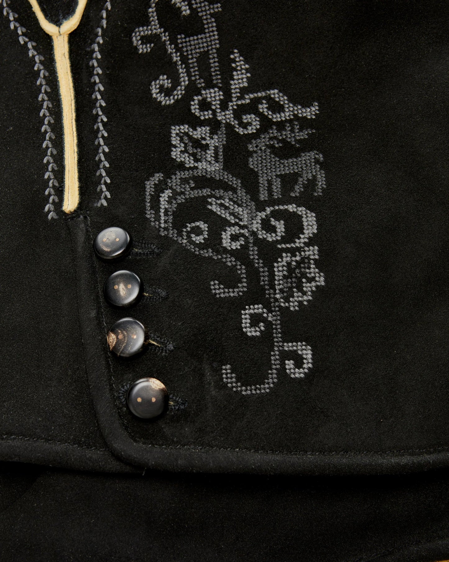 Close-up of a black garment with decorative stitching and buttons.