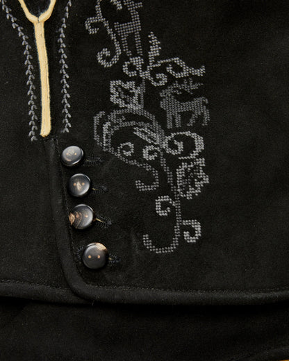 Close-up of a black garment with decorative stitching and buttons.