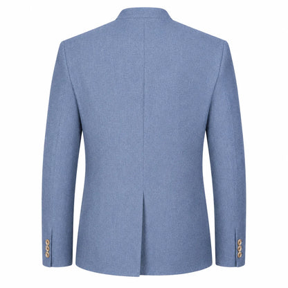 The back view of a men's blazer in a heathered medium blue fabric, featuring structured shoulders, a central seam, and three gold buttons on the cuffs, set against a plain white background.