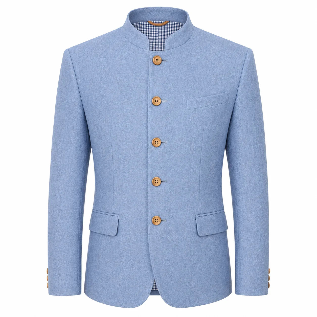 A men's light blue mandarin collar blazer jacket with five brown buttons, shown on a plain white background.