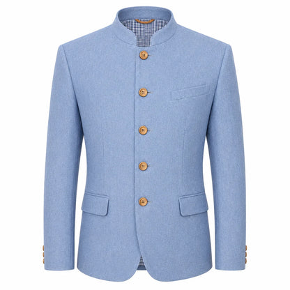 A men's light blue mandarin collar blazer jacket with five brown buttons, shown on a plain white background.