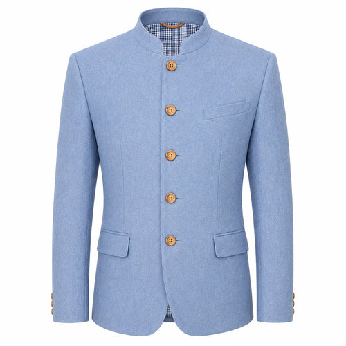 A men's light blue mandarin collar blazer jacket with five brown buttons, shown on a plain white background.