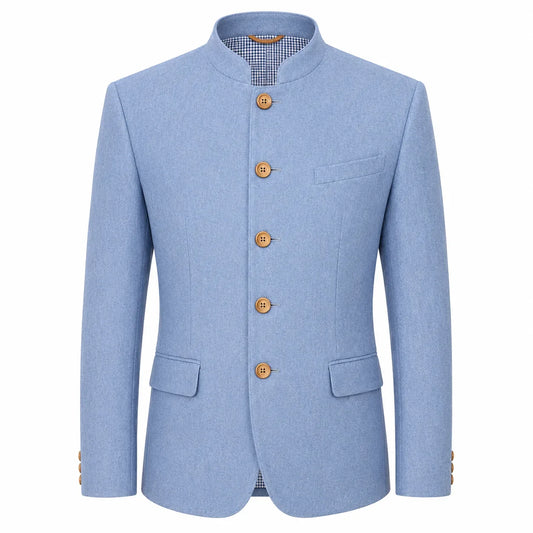 A men's light blue mandarin collar blazer jacket with five brown buttons, shown on a plain white background.
