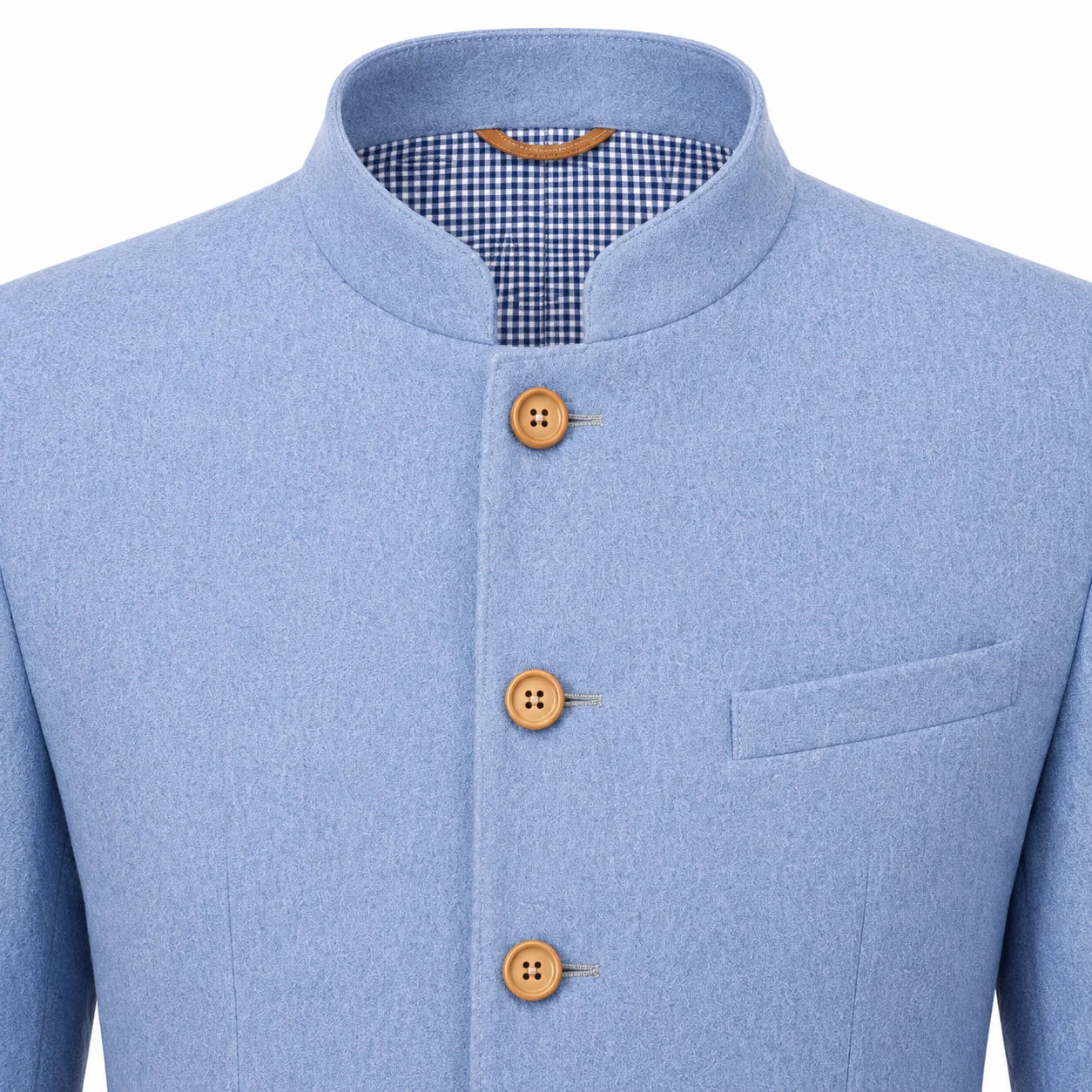 A close-up of a light blue men's jacket with a mandarin collar, three wooden buttons, and a chest pocket, shown on a white background.