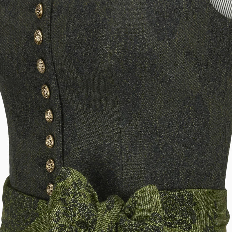 Close-up of a dark green fabric with gold buttons and green trim