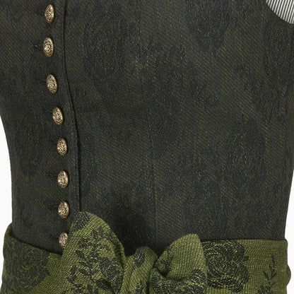 Close-up of a dark green fabric with gold buttons and green trim