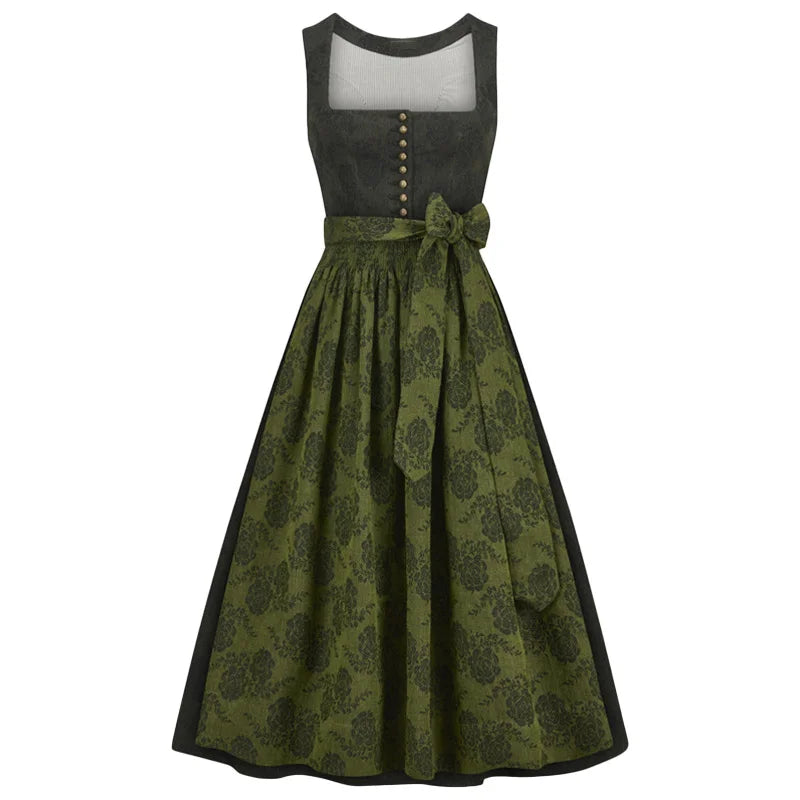 Green and black dress with floral pattern on a white background