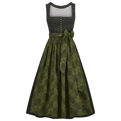 Green and black dress with floral pattern on a white background
