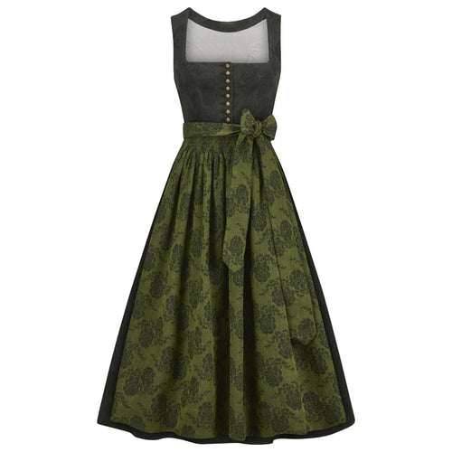 Green and black dress with floral pattern on a white background