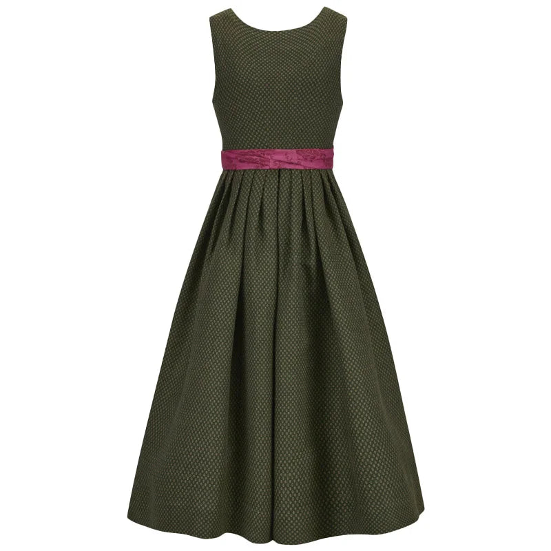 Green Dirndl dress with a pink belt on a white background