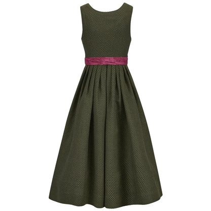 Green Dirndl dress with a pink belt on a white background