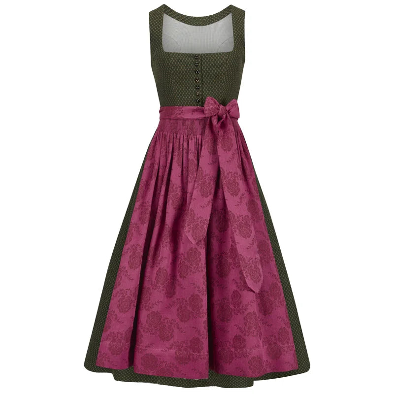 Traditional German dirndl with green top and pink skirt on a white background