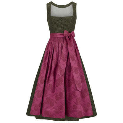 Traditional German dirndl with green top and pink skirt on a white background