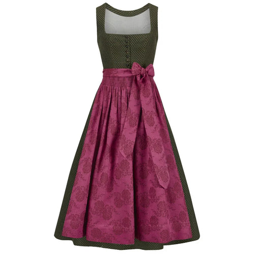 Traditional German dirndl with green top and pink skirt on a white background