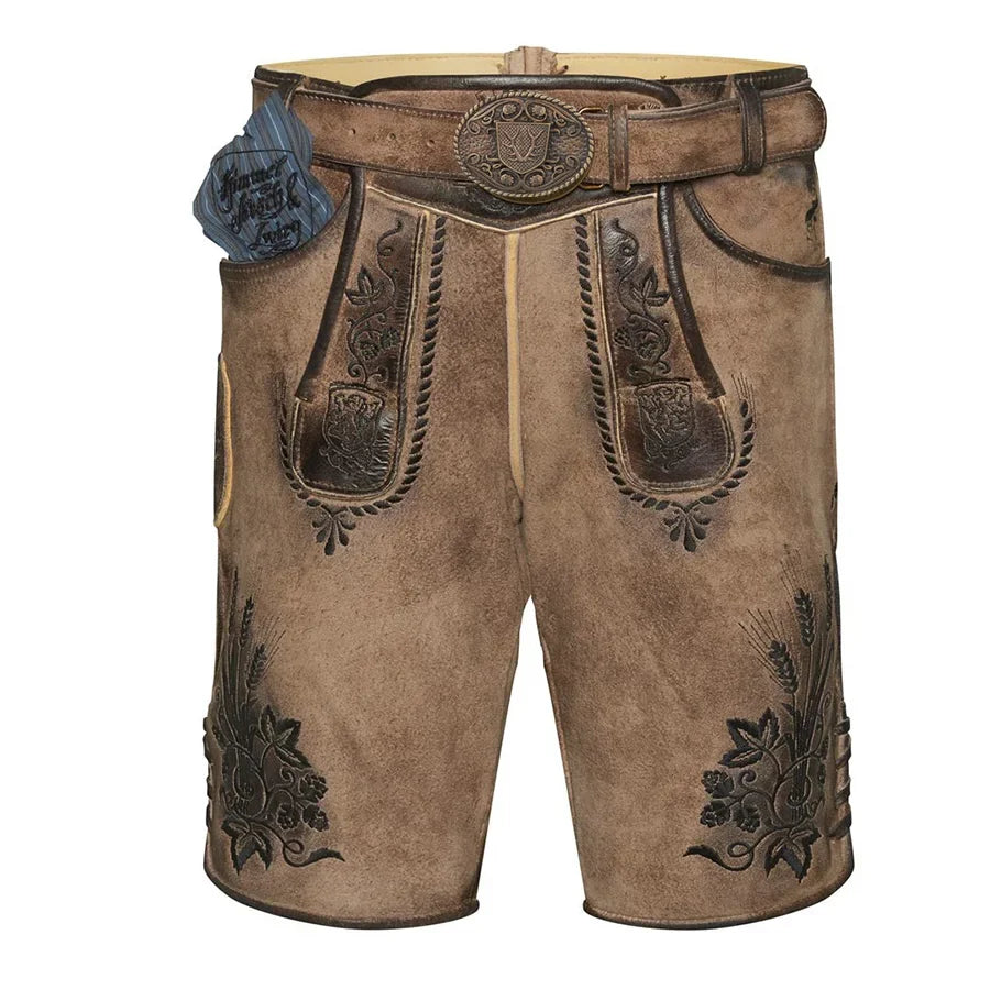 Brown leather shorts with decorative stitching and a belt on a white background