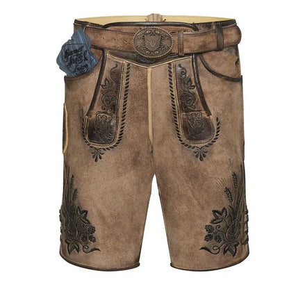 Brown leather shorts with decorative stitching and a belt on a white background