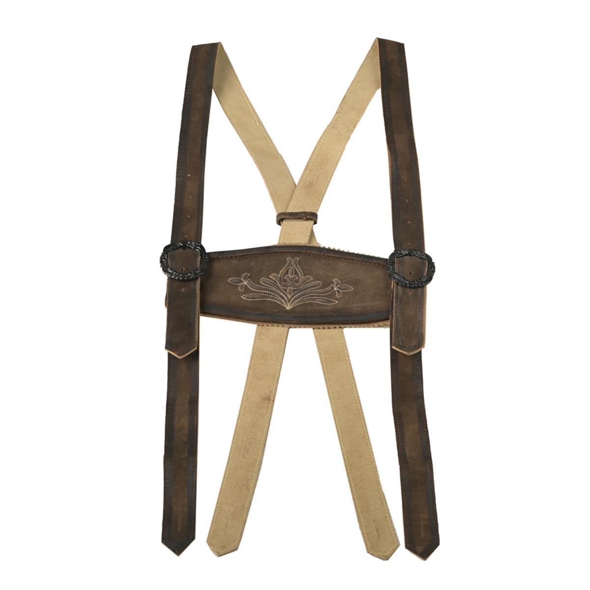 Brown leather suspenders with a decorative buckle on a white background