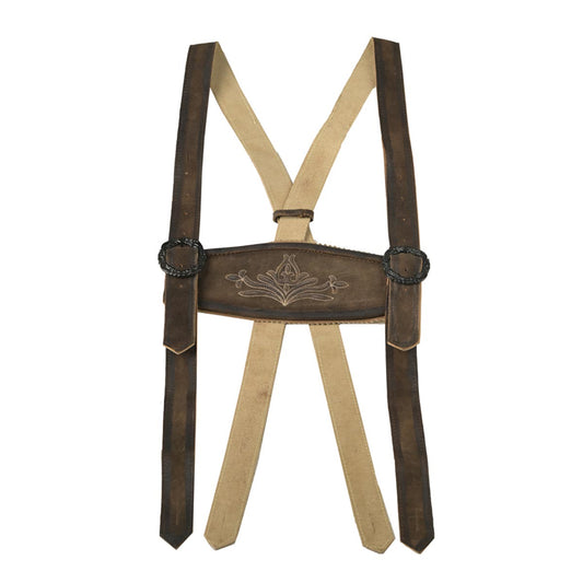 Brown leather suspenders with a decorative buckle on a white background