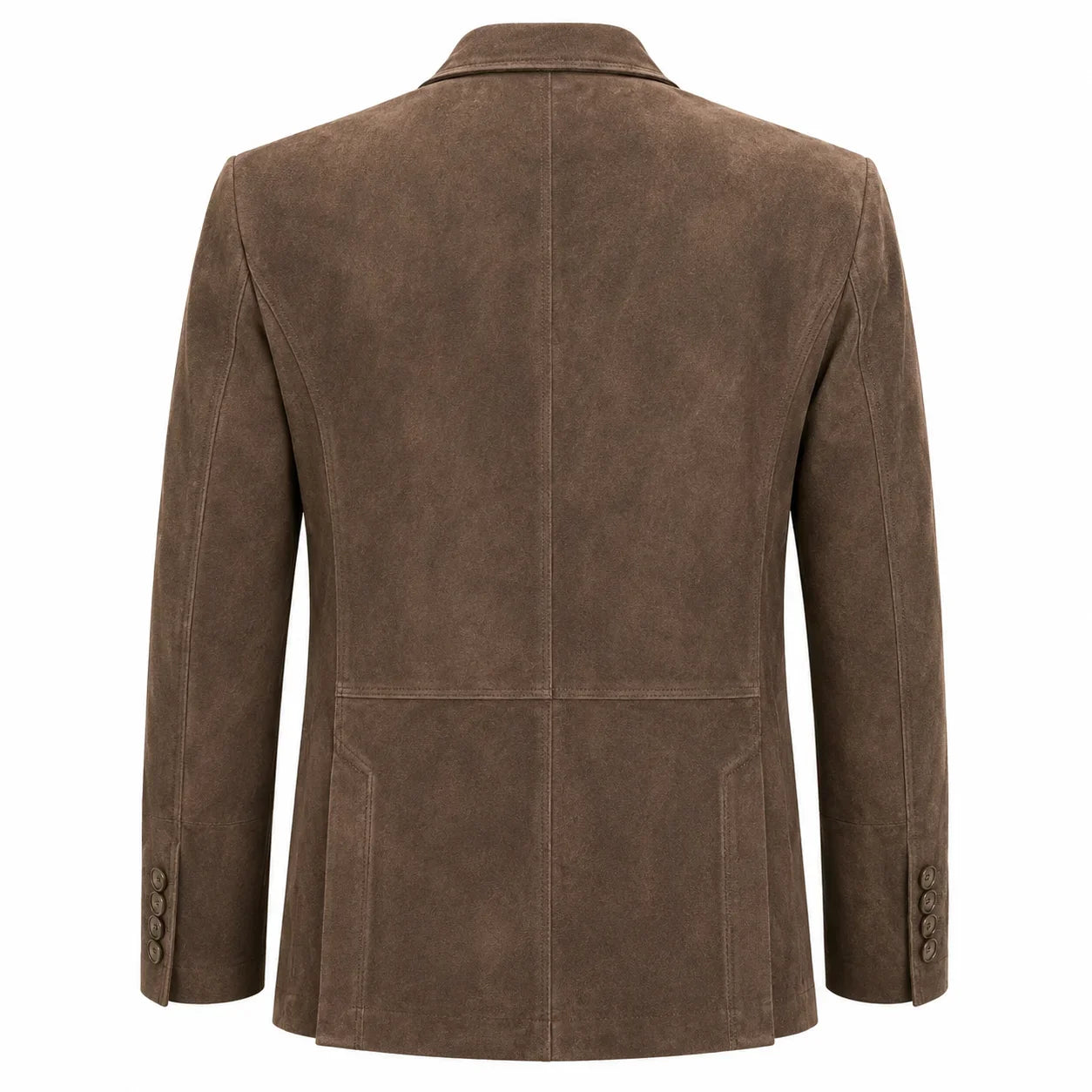 A brown suede blazer shown from the back, featuring a structured collar, long sleeves with button cuffs, and a central seam running down the back.