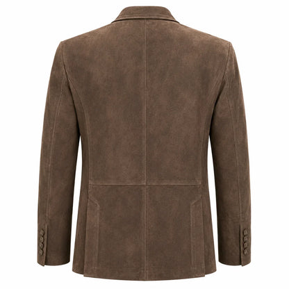 A brown suede blazer shown from the back, featuring a structured collar, long sleeves with button cuffs, and a central seam running down the back.