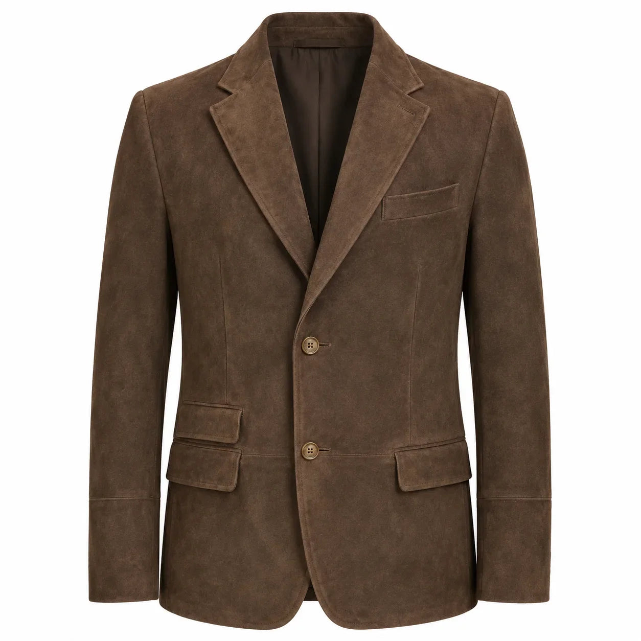 A brown suede blazer jacket with notch lapels, two front buttons, and flap pockets, shown on a plain white background.