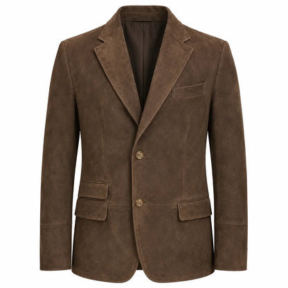 A brown suede blazer jacket with notch lapels, two front buttons, and flap pockets, shown on a plain white background.