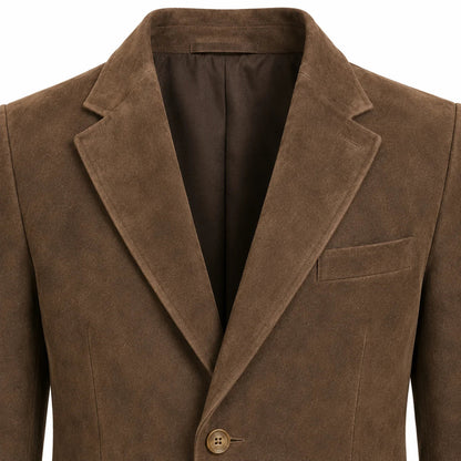 A close-up of a brown suede or nubuck blazer jacket, showing the texture of the fabric, the notch lapels, and a single button closure against a white background.